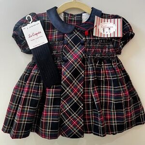 La Coqueta Navy Tartan Baby Girl Hand-smocked Dress Set 2Y